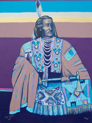 The portrait of Chief Red Fox is one of the 12 Chiefs represented in the Chief's show with barren landscapes. The barren landscapes and the beauty of the Chiefs in their full regalia create quite a juxtaposition.