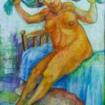 Naked woman on the bed, managing her hair