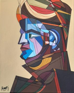 Retrato de perfil, de una imagen masculina. Severidad, rigidez en la mirada y en la geometrización.