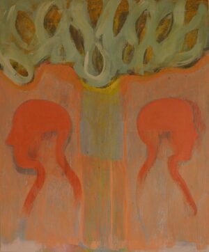 The Painting depict two figures standing on each side of a tree. Telling the story about the beginning of everything.